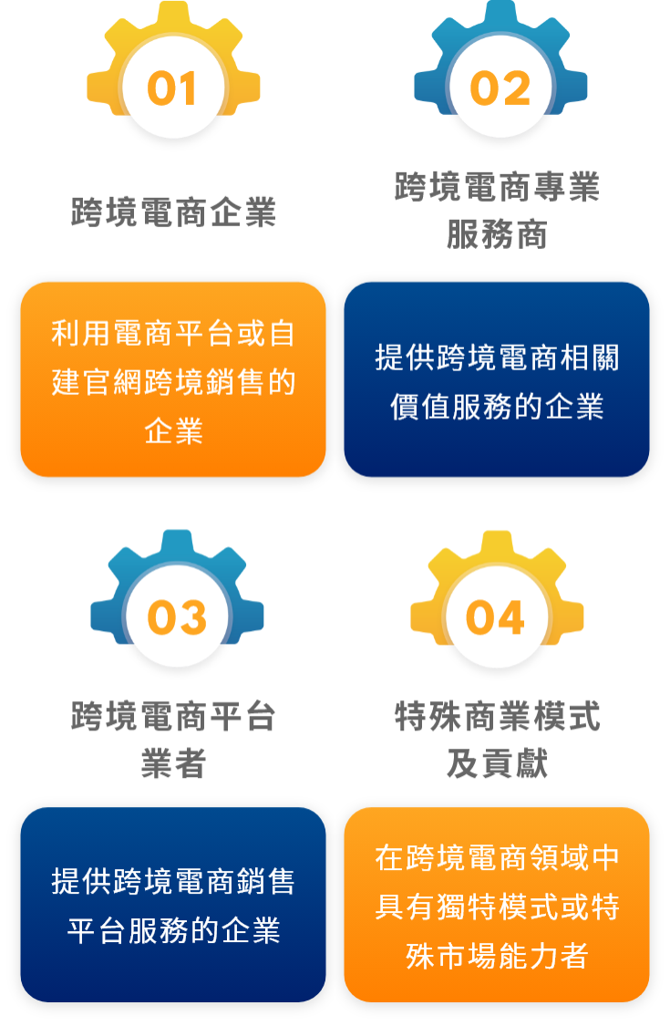 跨境電商企業(利用電商平台或自建官網跨境銷售的企業)、跨境電商專業服務商(提供跨境電商相關價值服務的企業)、跨境電商平台業者(提供跨境電商銷售平台服務的企業)、特殊商業模式及貢獻(在跨境電商領域中具有獨特模式或特殊市場能力者)